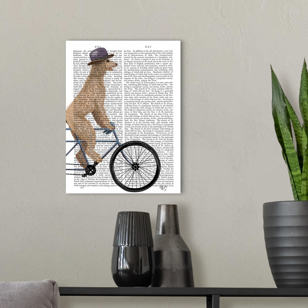 A modern room featuring Decorative artwork of a golden Poodle wearing a hat and riding on a bicycle, painted on the page ...