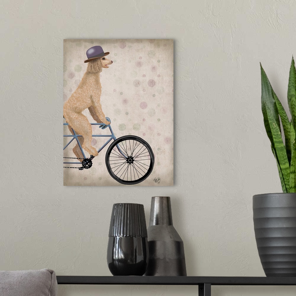 A modern room featuring Decorative artwork of cream Poodle riding on a blue bicycle and wearing a purple hat.