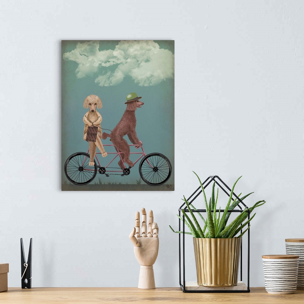 A bohemian room featuring Decorative artwork of two Poodles riding on a pink tandem bicycle with the dog in the back knitting.