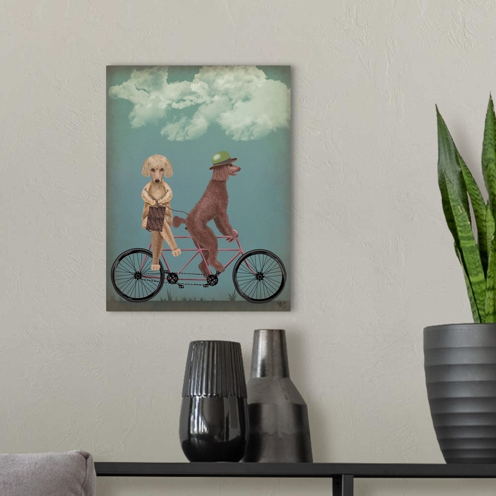 A modern room featuring Decorative artwork of two Poodles riding on a pink tandem bicycle with the dog in the back knitting.