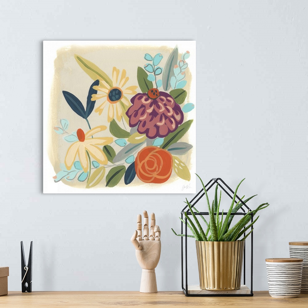 A bohemian room featuring Pops of color and whimsy brighten these playful flowers in this decorative artwork.