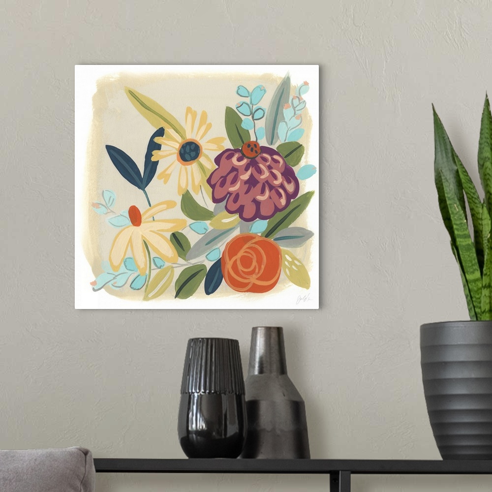 A modern room featuring Pops of color and whimsy brighten these playful flowers in this decorative artwork.