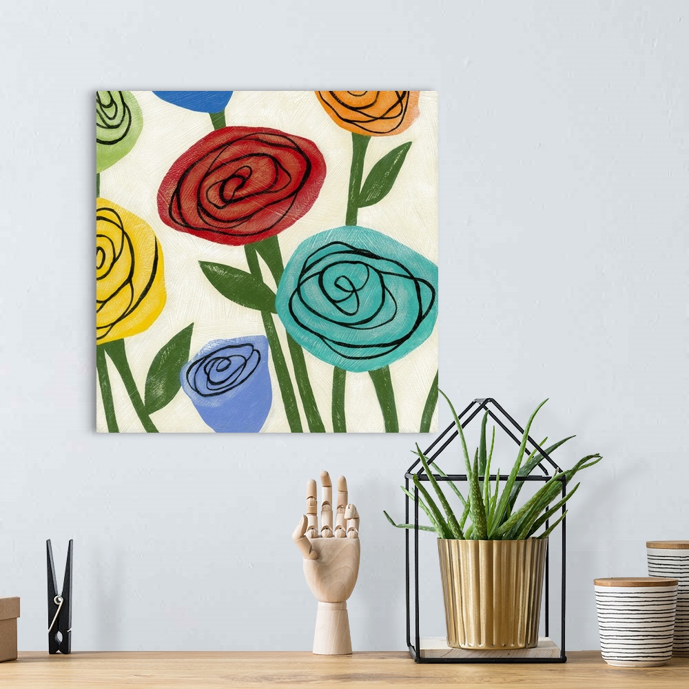 A bohemian room featuring Pop art inspired flowers with in wild colors and simple shapes.