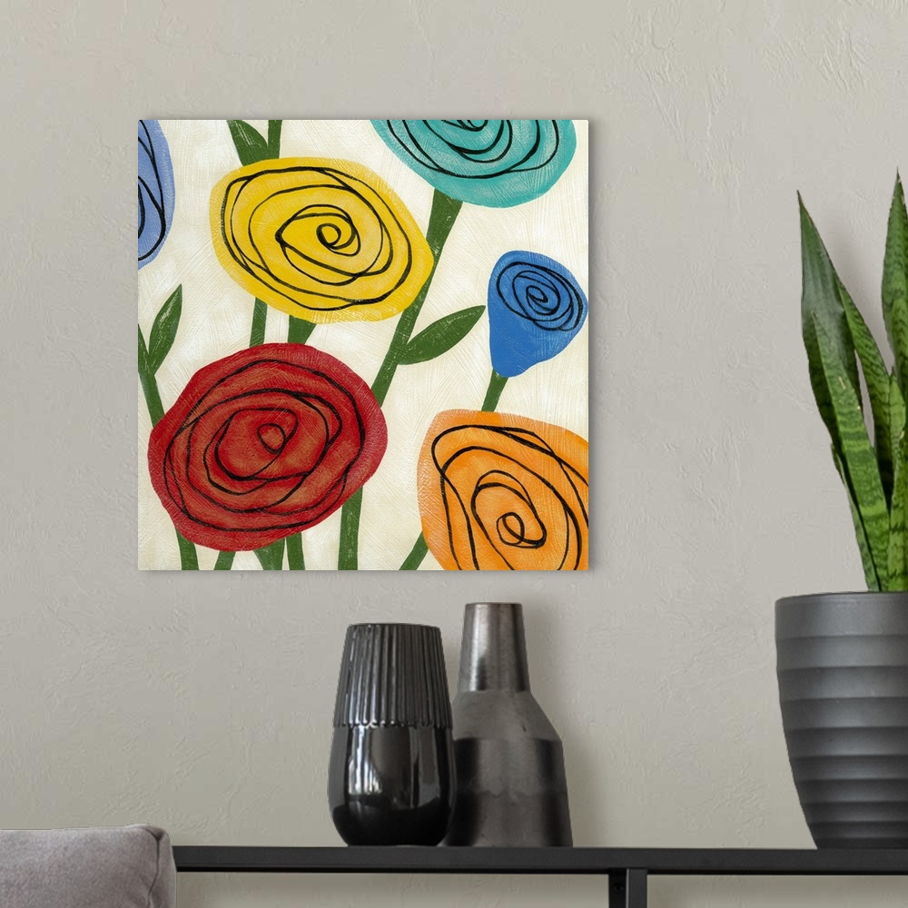 A modern room featuring Pop art inspired flowers with in wild colors and simple shapes.