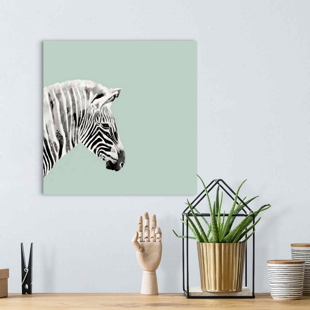 A bohemian room featuring A decorative image of a profile of  zebra on the left side of a light blue background.