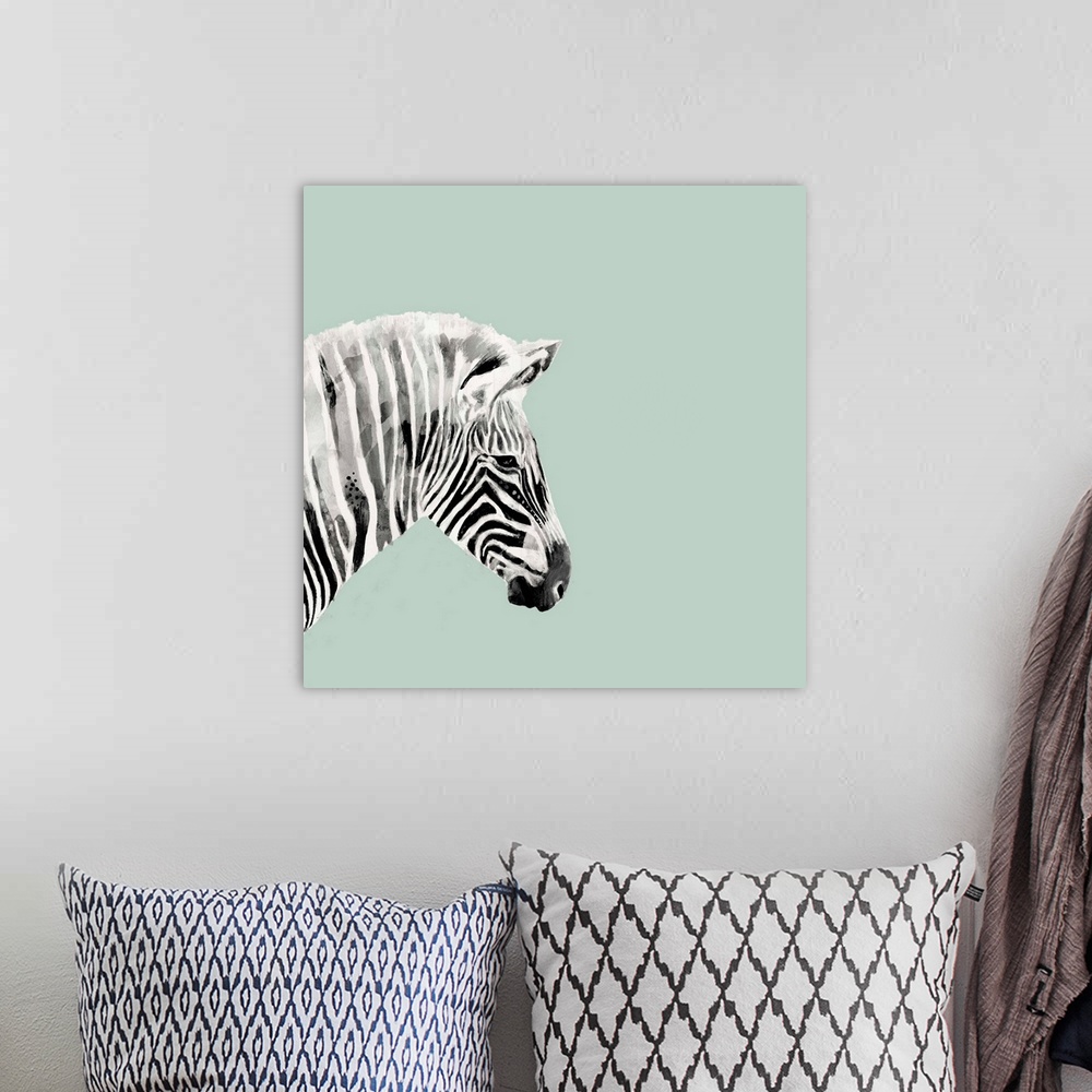 A bohemian room featuring A decorative image of a profile of  zebra on the left side of a light blue background.