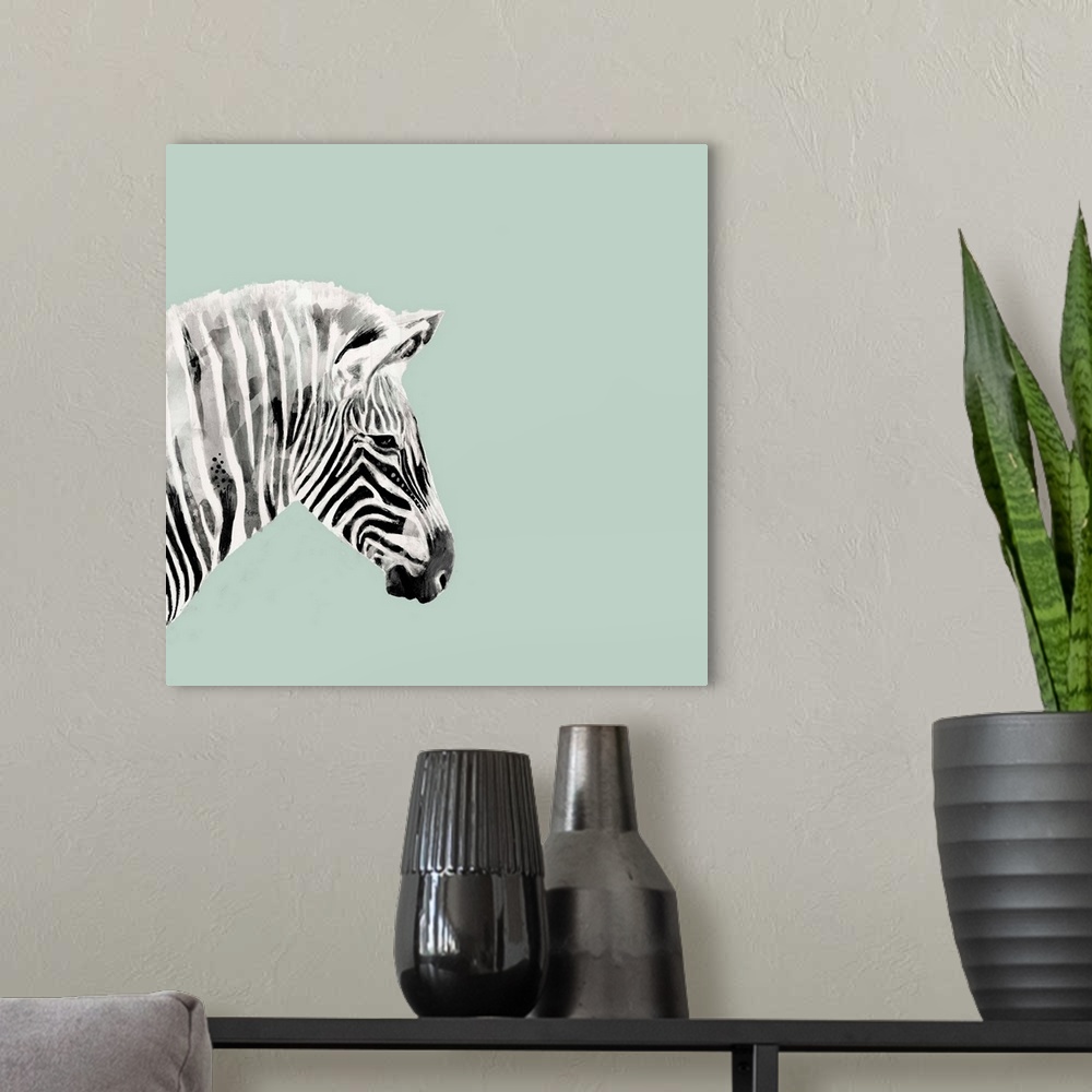 A modern room featuring A decorative image of a profile of  zebra on the left side of a light blue background.