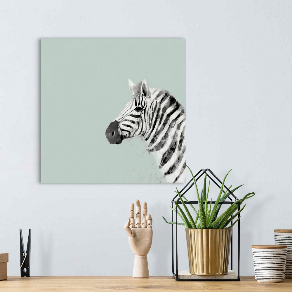A bohemian room featuring A decorative image of a profile of  zebra on the right side of a light blue background.