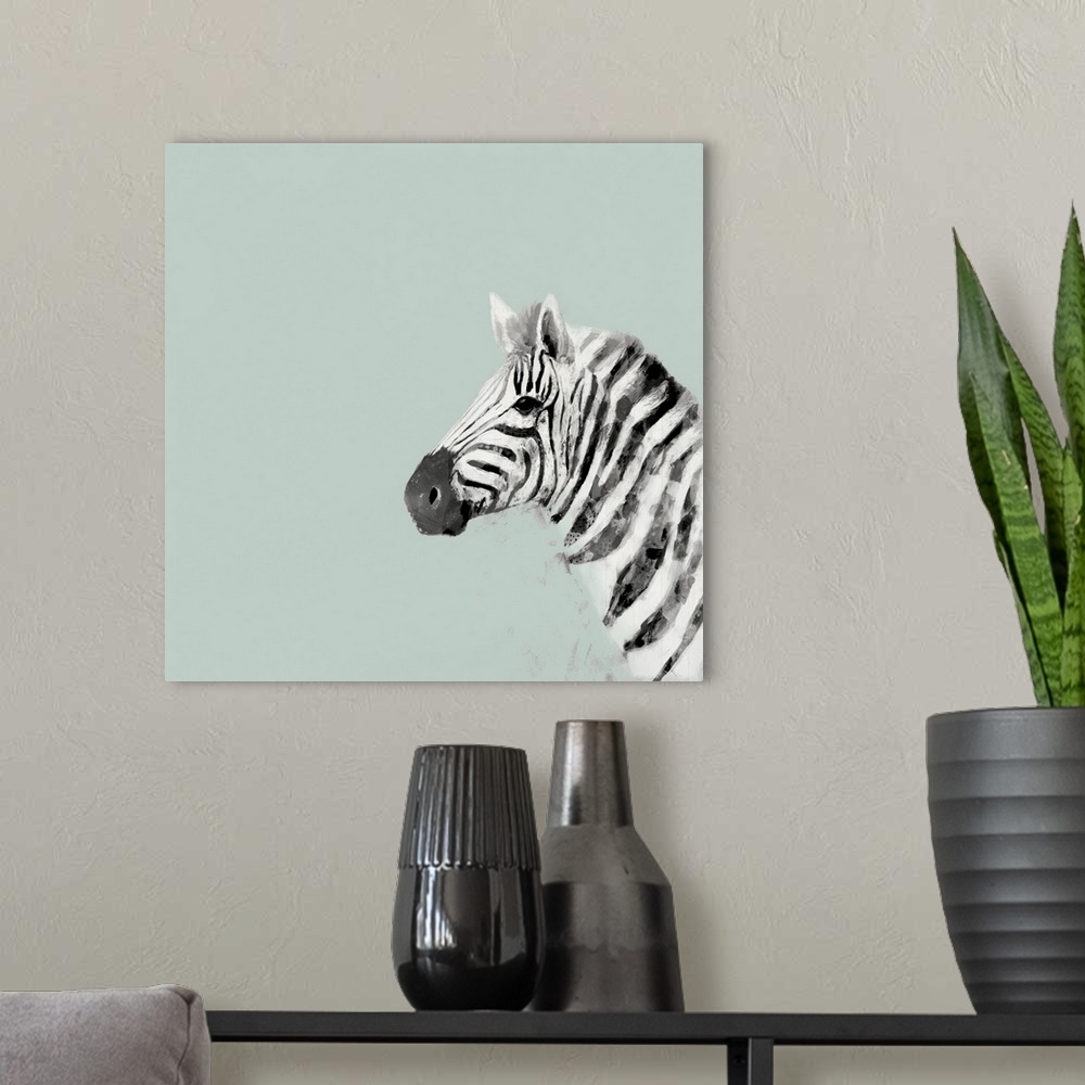 A modern room featuring A decorative image of a profile of  zebra on the right side of a light blue background.