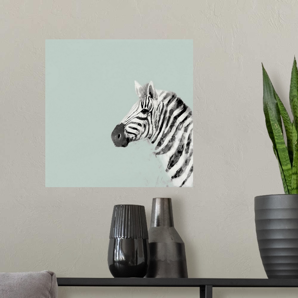 A modern room featuring A decorative image of a profile of  zebra on the right side of a light blue background.