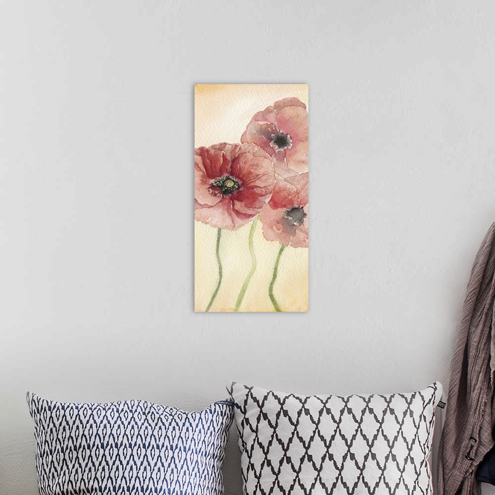 A bohemian room featuring An elegant watercolor painting of red poppies on a warm tone backdrop.