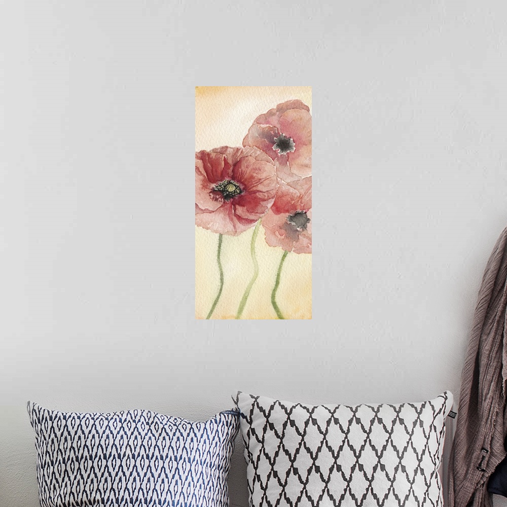 A bohemian room featuring An elegant watercolor painting of red poppies on a warm tone backdrop.