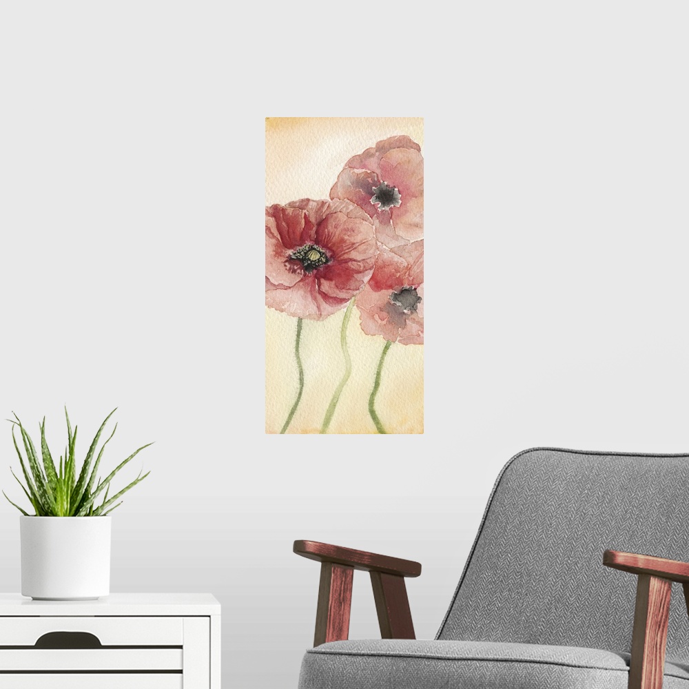 A modern room featuring An elegant watercolor painting of red poppies on a warm tone backdrop.
