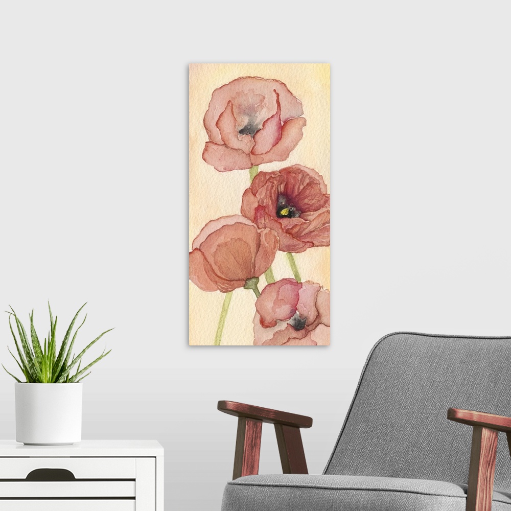 A modern room featuring An elegant watercolor painting of red poppies on a warm tone backdrop.