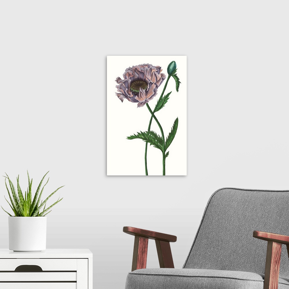 A modern room featuring Home decor artwork of an illustration of a purple poppy.
