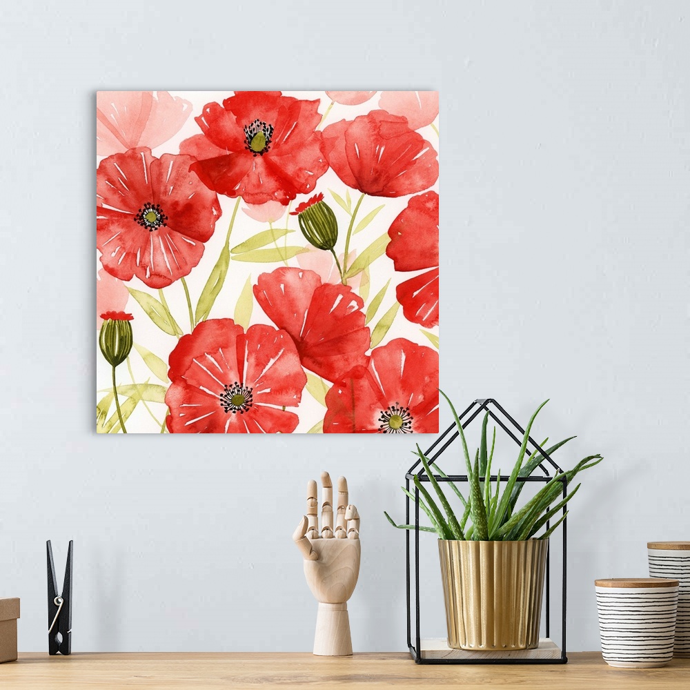 A bohemian room featuring Bright poppies in shades of red with spring green leaves fill this jubilant decorative art.