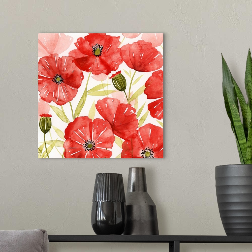 A modern room featuring Bright poppies in shades of red with spring green leaves fill this jubilant decorative art.