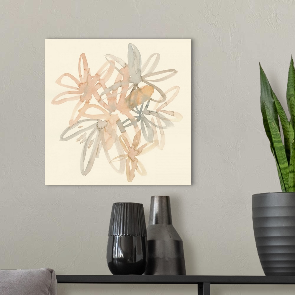 A modern room featuring Square watercolor painting of a bouquet of muted flowers of pink and gray on a beige background.
