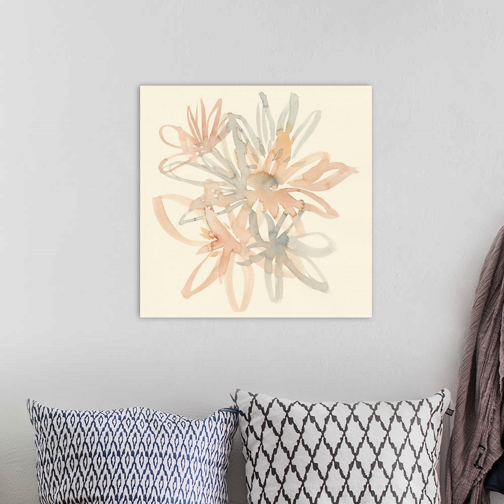 A bohemian room featuring Square watercolor painting of a bouquet of muted flowers of pink and gray on a beige background.