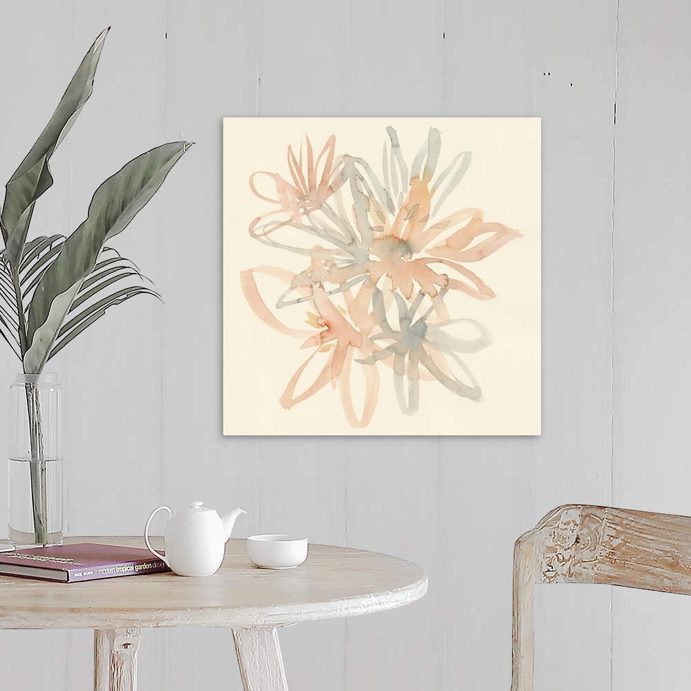 A farmhouse room featuring Square watercolor painting of a bouquet of muted flowers of pink and gray on a beige background.