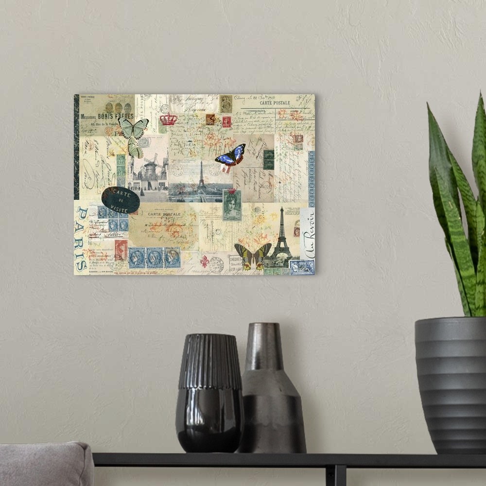 A modern room featuring Collage of various aged French postcards adorned with butterflies and stamps.