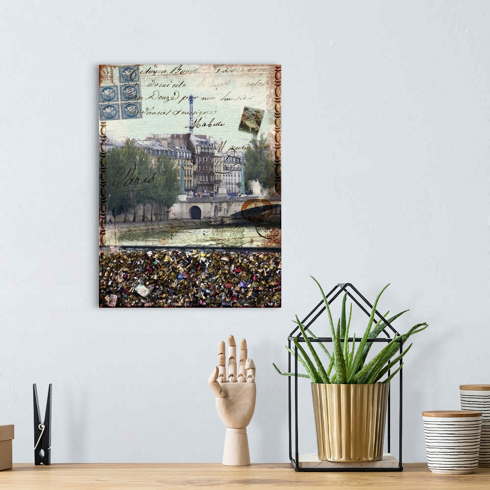 A bohemian room featuring Travel collage of Paris from the love locks bridge, decorated with french text.