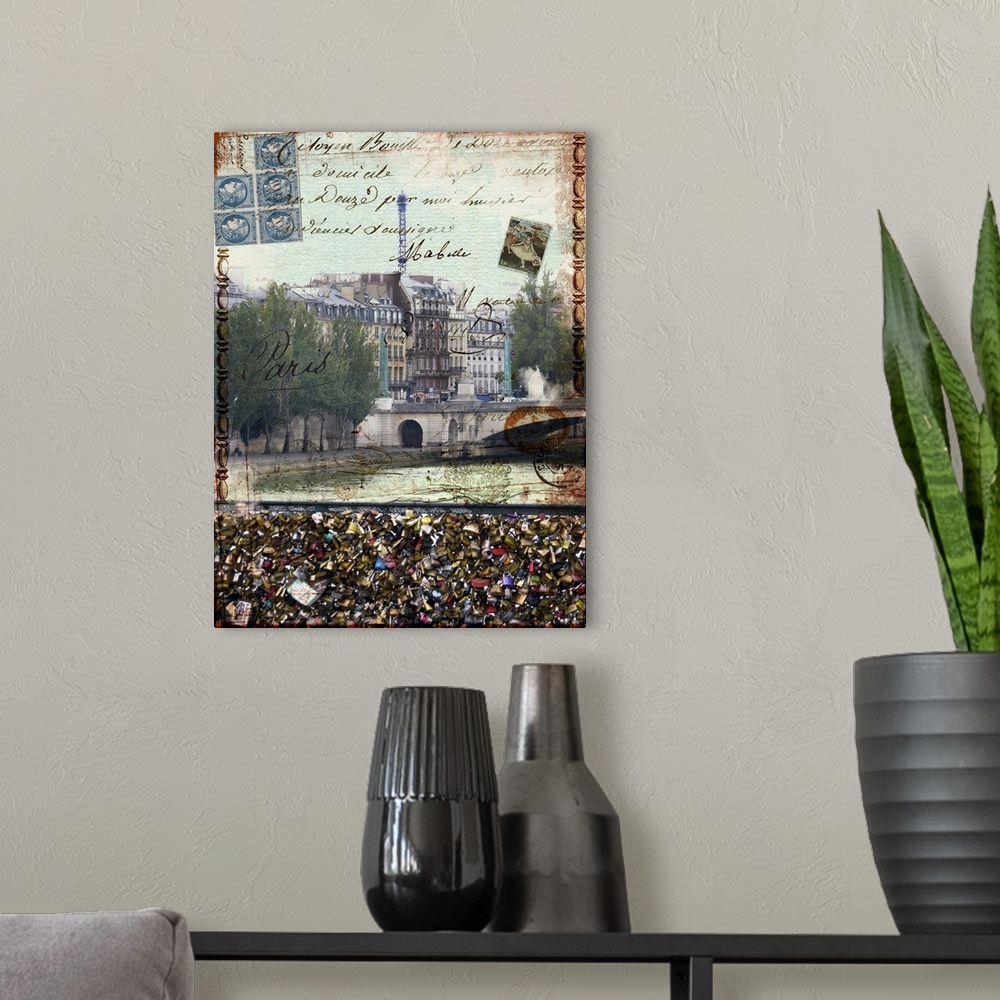 A modern room featuring Travel collage of Paris from the love locks bridge, decorated with french text.