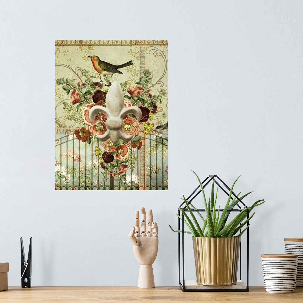 A bohemian room featuring Travel collage of fleur de lis, decorated with flowers and floral patterns.