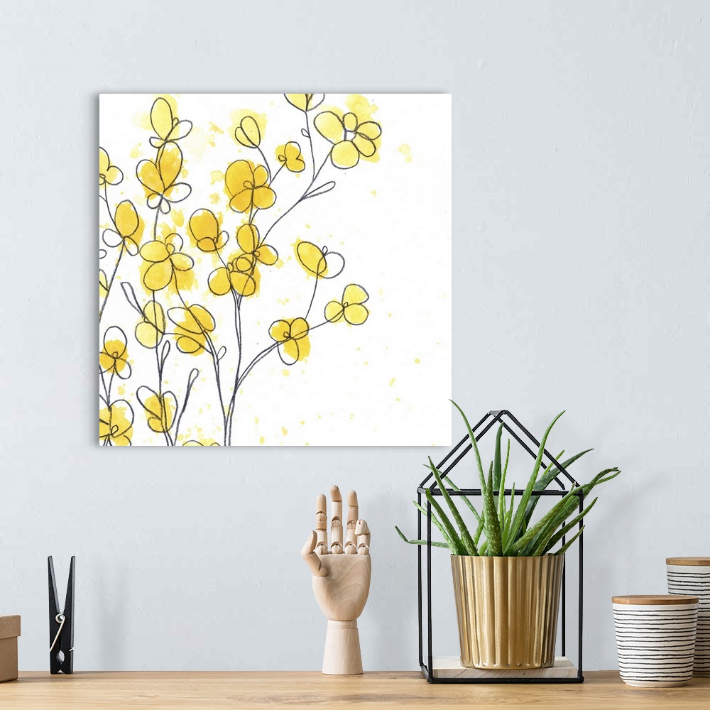 A bohemian room featuring Whimsical illustration of vibrant tiny yellow flowers against a white background.