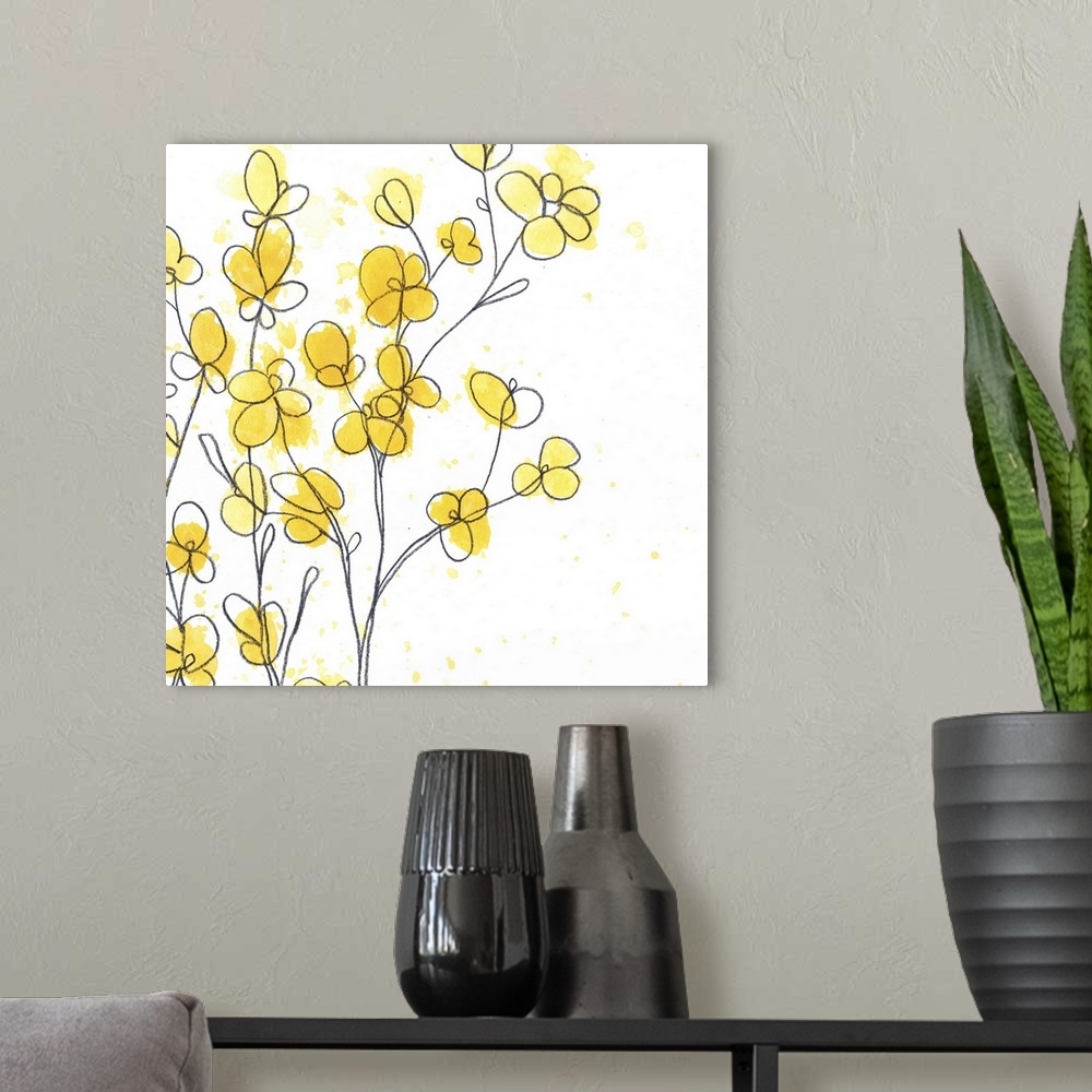 A modern room featuring Whimsical illustration of vibrant tiny yellow flowers against a white background.