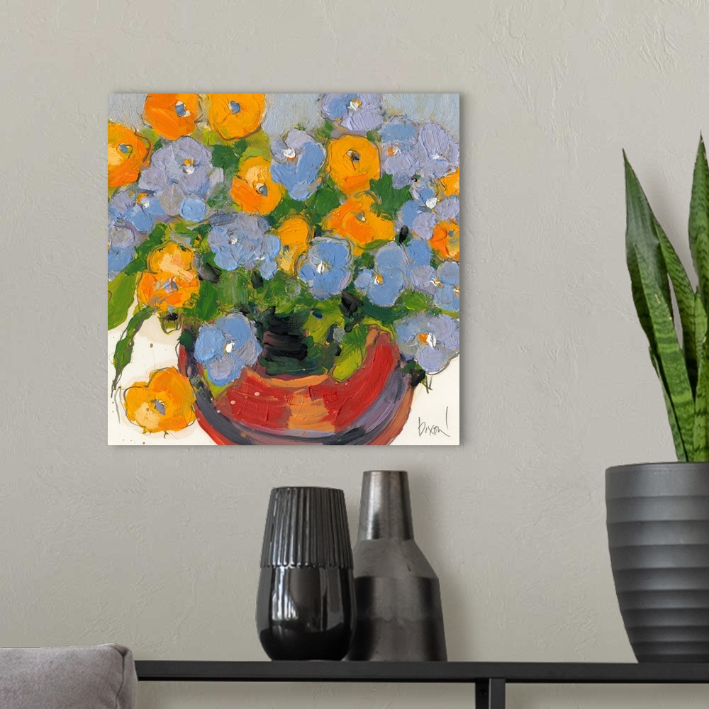 A modern room featuring Contemporary artwork of a pot full of blue and yellow flowers.