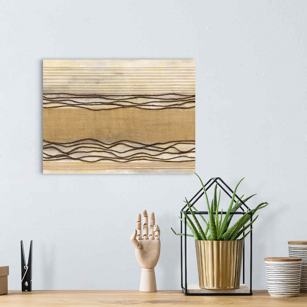 A bohemian room featuring Contemporary abstract painting using horizontal stripes and earth tones with a rustic feel.