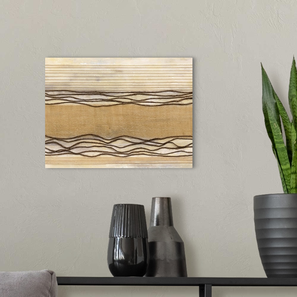 A modern room featuring Contemporary abstract painting using horizontal stripes and earth tones with a rustic feel.