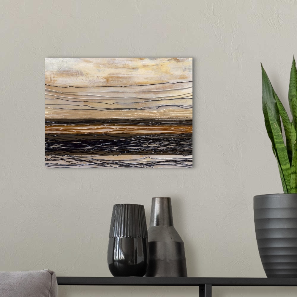 A modern room featuring Contemporary abstract painting using horizontal stripes and earth tones with a rustic feel.