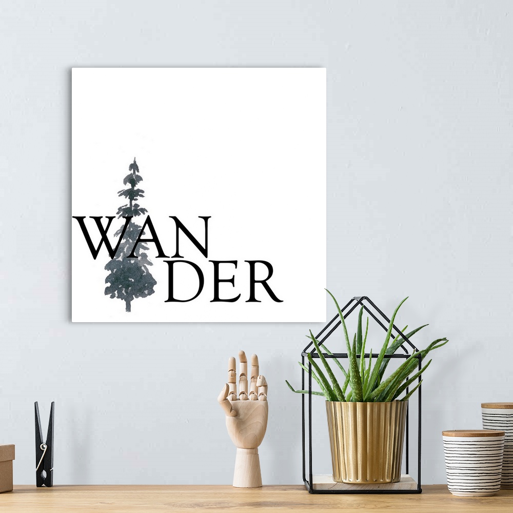 A bohemian room featuring 'Wander' minimalist typography with a watercolor pine tree on a white square background.
