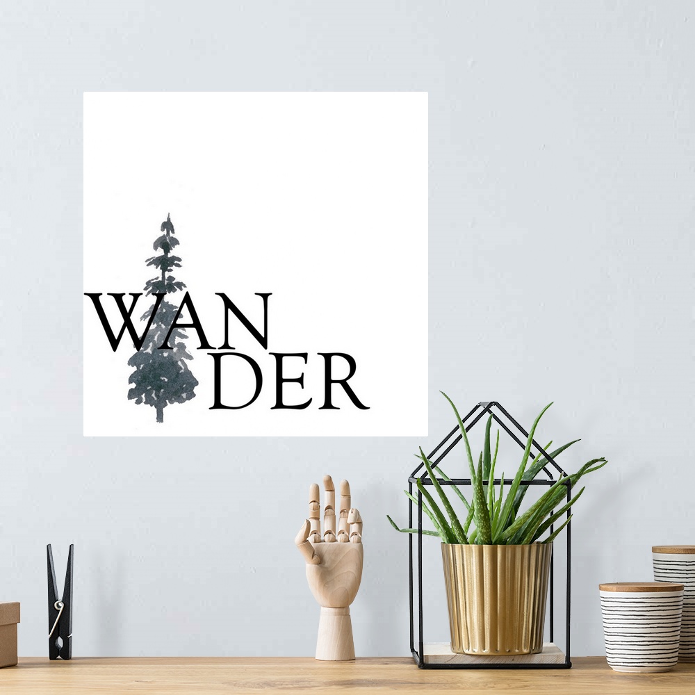 A bohemian room featuring 'Wander' minimalist typography with a watercolor pine tree on a white square background.
