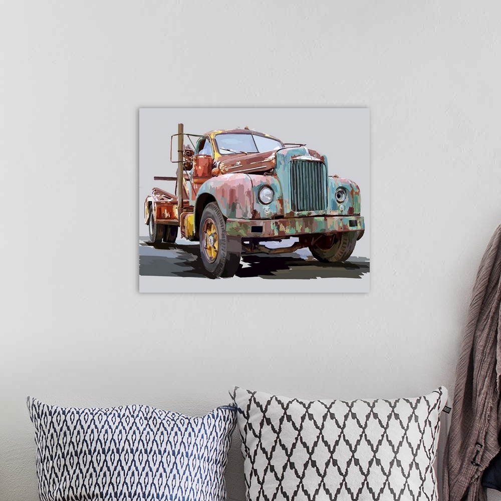 A bohemian room featuring Artwork of an old, rusted truck with peeling paint.