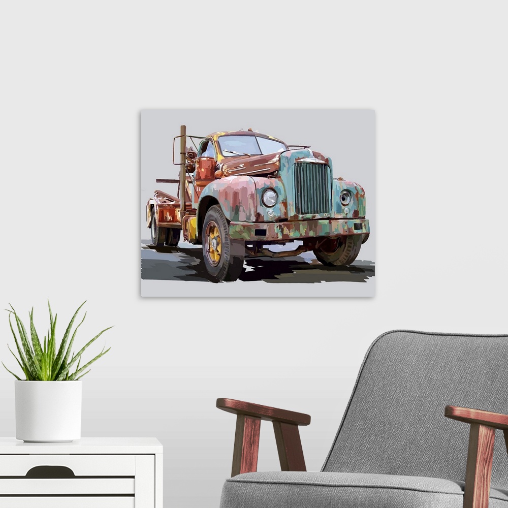 A modern room featuring Artwork of an old, rusted truck with peeling paint.