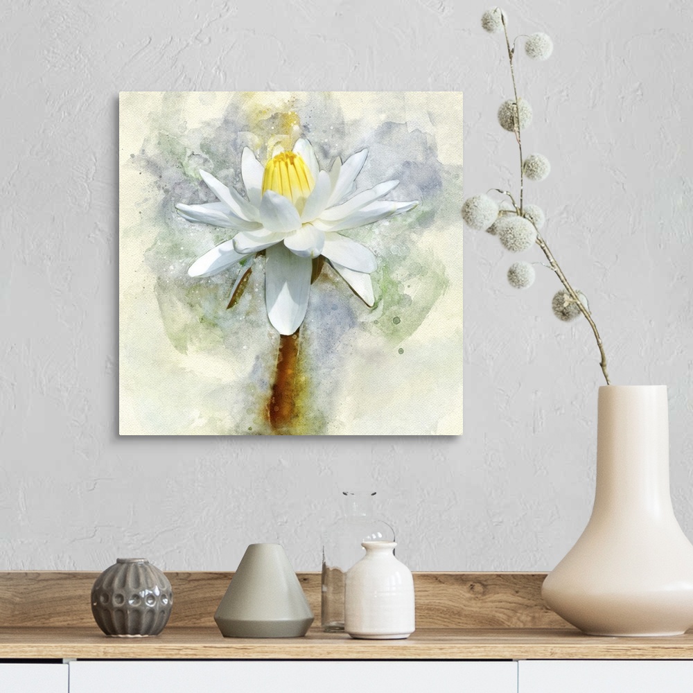 A farmhouse room featuring A white water lily rendered in watercolors.