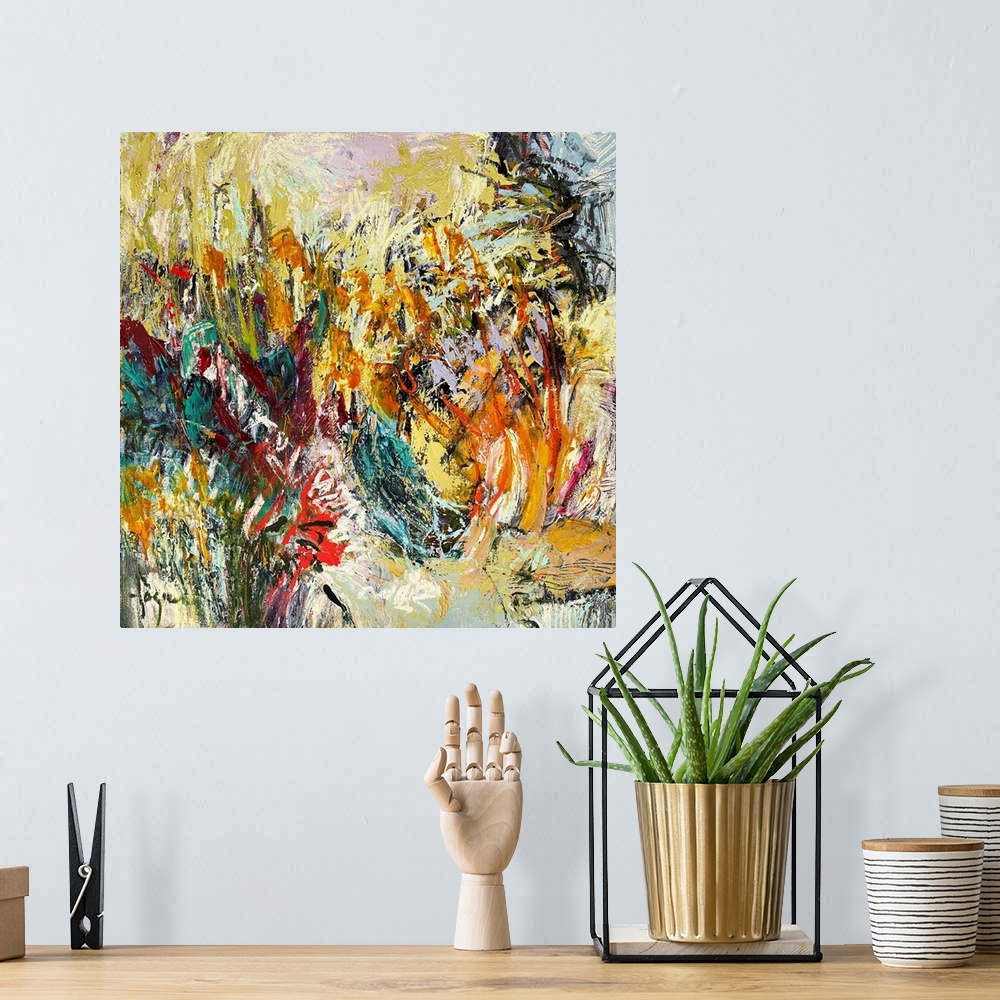 A bohemian room featuring A lively contemporary abstract painting in warm fall shades of orange and teal