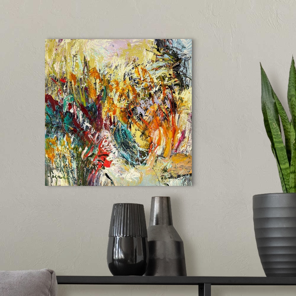 A modern room featuring A lively contemporary abstract painting in warm fall shades of orange and teal