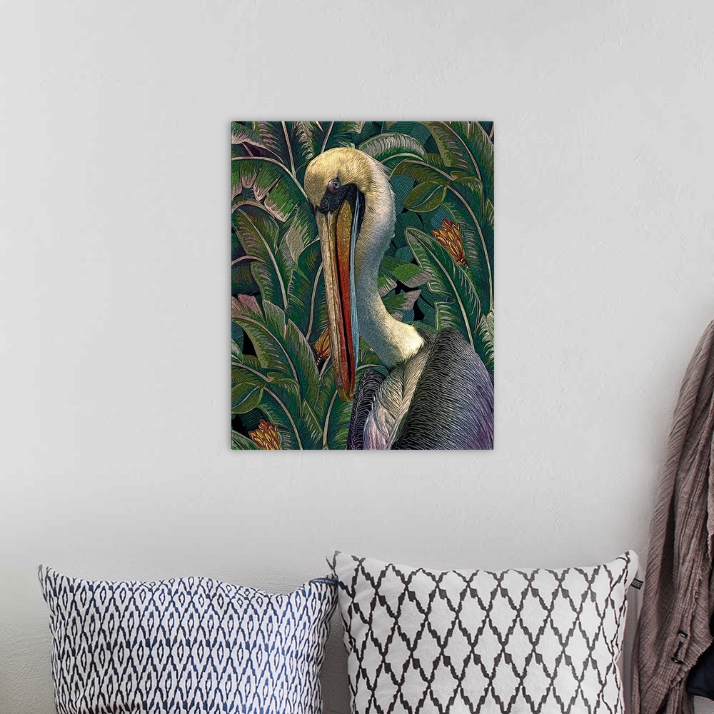 A bohemian room featuring Decorative artwork of a pelican surrounded by lush greenery.