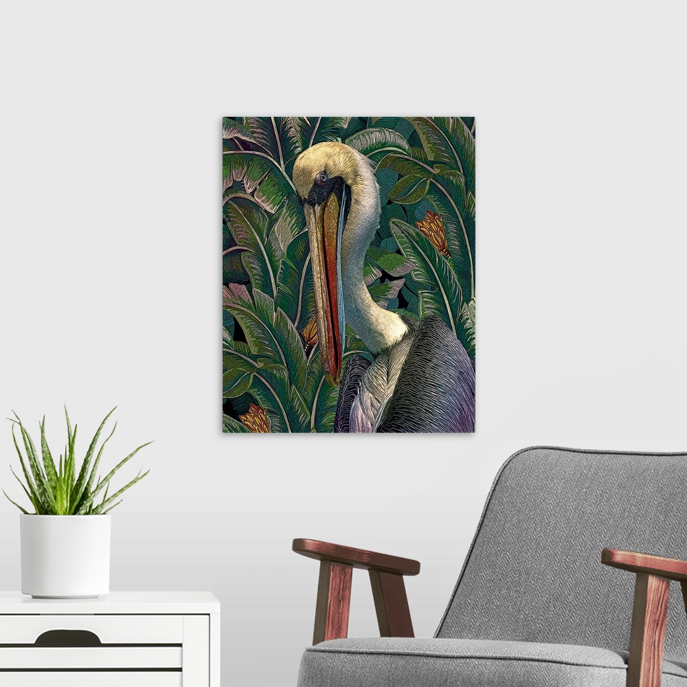 A modern room featuring Decorative artwork of a pelican surrounded by lush greenery.