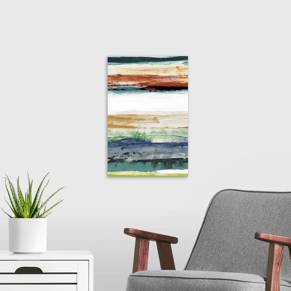 A modern room featuring Contemporary abstract painting using cool and warm tones to create horizontal lines.