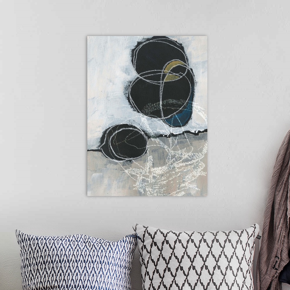 A bohemian room featuring Abstract artwork featuring vertical and horizontal white brush strokes revealing black circular s...