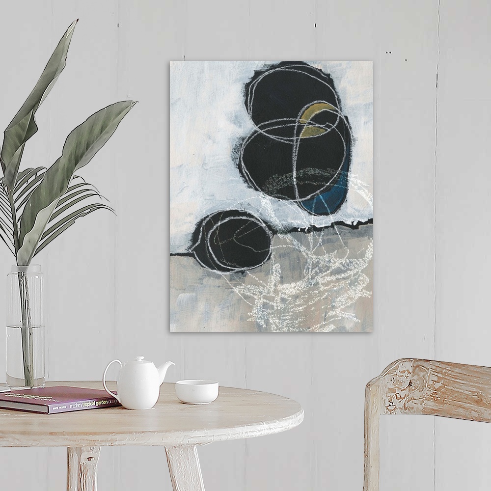 A farmhouse room featuring Abstract artwork featuring vertical and horizontal white brush strokes revealing black circular s...