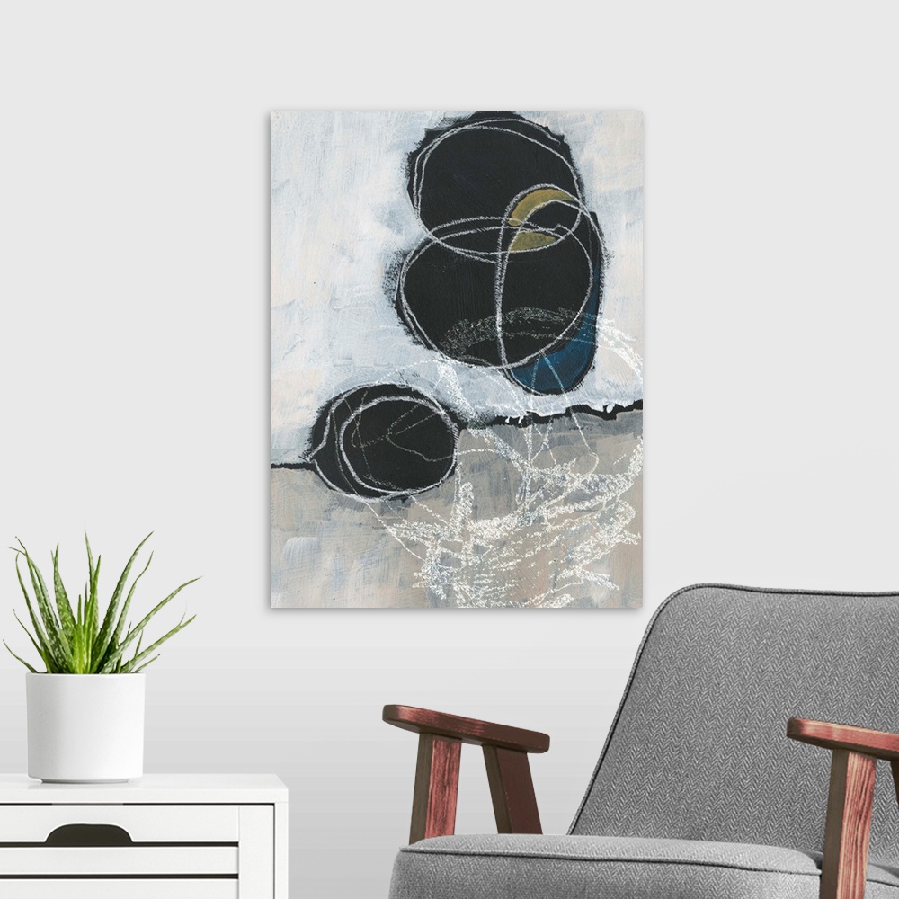 A modern room featuring Abstract artwork featuring vertical and horizontal white brush strokes revealing black circular s...