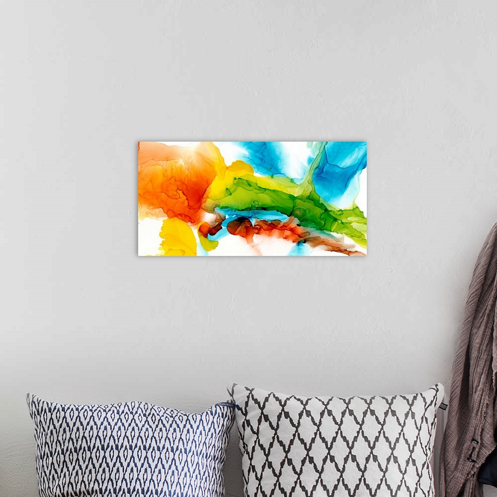 A bohemian room featuring A punchy, bright, abstract created with an alcohol ink technique. Featuring turquoise, lime and c...