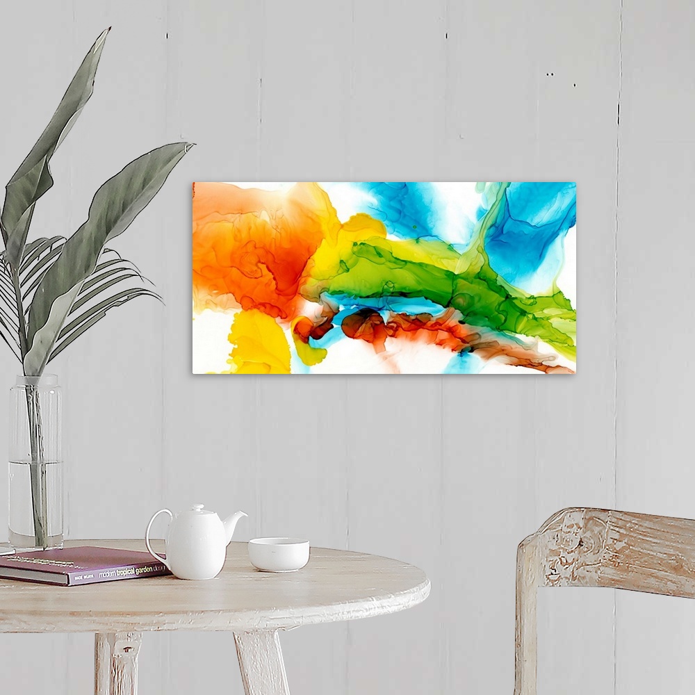 A farmhouse room featuring A punchy, bright, abstract created with an alcohol ink technique. Featuring turquoise, lime and c...
