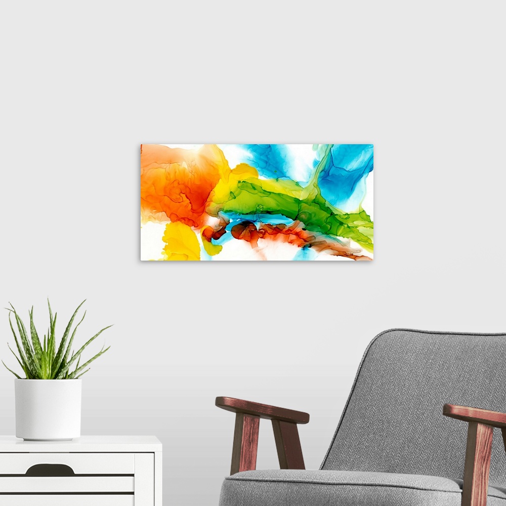 A modern room featuring A punchy, bright, abstract created with an alcohol ink technique. Featuring turquoise, lime and c...